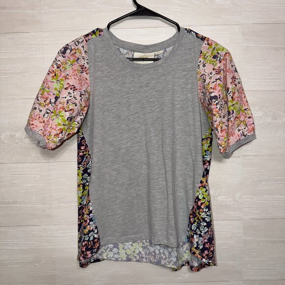 Anthropologie Maeve Floral Puff Sleeve Top Size Small Gray Mixed Print Blouse - Picture 2 of 7